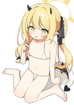 1girl barefoot bikini black_horns black_tail black_wings blonde_hair blue_archive blush commentary_request demon_horns demon_tail demon_wings flat_chest halo highres horns ibuki_(blue_archive) loli long_hair matanukinuki navel open_mouth pointy_ears simple_background sitting solo swimsuit tail white_background white_bikini wings yellow_eyes yellow_halo