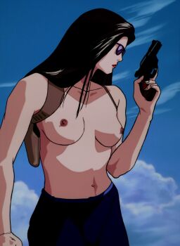 1girl anime_screenshot black_hair character_request crying_freeman female_focus gun handgun holding holding_gun holding_weapon holster long_hair nipples outdoors pistol red_lips stitched sunglasses third-party_edit topless_female weapon