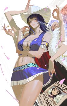 1girl 2025 absurdres arm_under_breasts armlet bare_shoulders black_hair blue_eyes blue_skirt blue_vest breasts cigarette cleavage coat collarbone commentary cowboy_hat cowboy_shot cross-laced_clothes cross-laced_top dark-skinned_female dark_skin devil_fruit_power english_commentary extra_arms fur-trimmed_coat fur_trim hana_hana_no_mi hat highres holding holding_cigarette jewelry large_breasts linea_alba looking_at_viewer making-of_available mature_female midriff navel nico_robin nico_robin_(alabasta) one_piece poneglyph purple_nails purple_skirt rasipan skirt solo thighs upskirt vest wanted_poster white_hat