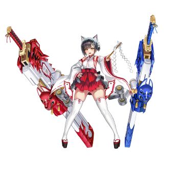1girl absurdres animal_ear_fluff animal_ears armpit_peek bell black_hair bob_cut breasts cameltoe clothing_cutout detached_sleeves fang full_body fundoshi game_cg geta gluteal_fold gohei hair_ornament hairclip hakama hakama_short_skirt hakama_skirt hand_on_own_hip highres hip_vent holding holding_gohei huge_weapon japanese_clothes japanese_text jingle_bell last_origin looking_at_viewer machinery medium_breasts miniskirt nontraditional_miko official_alternate_costume official_art open_mouth red_ribbon red_skirt ribbon ribbon-trimmed_legwear ribbon_hair ribbon_trim sheath sheathed short_hair sideboob simple_background skindentation skirt slit_pupils solo standing sword tabi tachi-e taesi thick_eyebrows thighhighs transparent_background vargr_(last_origin) weapon white_ribbon white_thighhighs wolf_ears wolf_mask yellow_eyes zettai_ryouiki