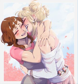 2girls absurdres arms_around_neck blackberrehart blonde_hair blush_stickers boku_no_hero_academia brown_hair camisole closed_eyes commentary day double_bun ear_piercing earrings english_commentary fang flower grey_overalls hair_bun hand_on_another&#039;s_waist highres jewelry multiple_girls off-shoulder_shirt off_shoulder open_mouth outdoors overalls piercing pink_camisole pink_flower pink_shirt shirt smile toga_himiko uraraka_ochako white_shirt yuri
