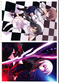 2000s_(style) 2009 3girls absurdres aiguillette alternate_body_size arm_up belly bent_over black_boots black_bow black_dress black_hair black_necktie blue_skirt blush boots bow breasts brown_hair chain chaos;head check_clothing checkered_floor clothing_cutout clothing_request cross cross_print d-sword dated dress earrings ears_visible_through_hair exif_rotation finger_to_mouth flirting floating_hair floral_print_thighhighs frilled_shirt frilled_shirt_collar frilled_sleeves frills from_above hair_between_eyes hair_ornament hairpin hand_on_own_hip hat hazuki_shino_(chaos;head) highres holding holding_microphone holding_ribbon holding_sword holding_weapon jewelry kishimoto_ayase knee_boots leaning_forward long_hair long_sleeves looking_at_viewer matsuo_yukihiro medium_breasts microphone midriff momose_katsuko multiple_girls narrow_waist navel necktie non-web_source nurse nurse_cap official_art open_mouth pantyhose pink_ribbon pink_trim pinky_out red_cross red_eyes red_lips red_trim ribbon sandals science_adventure see-through_clothes see-through_thighhighs shirt short_hair short_sleeves shorts shorts_under_skirt shoulder_cutout side_slit skirt slimmed_down small_breasts smile stomach_cutout suspender_skirt suspenders sword thighhighs tongue translation_request unworn_ribbon weapon white_pantyhose yellow_eyes zettai_ryouiki