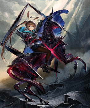 Rule 34 | amiya (arknights), amiya (guard) (arknights), animal ears, arknights, black legwear, blue eyes, blue skirt, brown hair, crown, floating crown, highres, horse, infection monitor (arknights), jell (jell y fish), napoleon crossing the alps, official alternate costume, pantyhose, ponytail, rabbit ears, skirt, spoilers