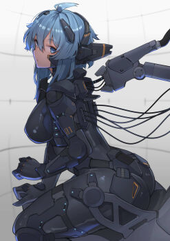 Rule 34 | 1girl, absurdres, ahoge, ass, blue eyes, blue hair, breasts, hair ornament, headphones, highres, large breasts, looking at viewer, mecha pilot suit, numbered, original, plugsuit (evangelion), rabbit ears antenna, ringobatake, short hair, solo, thighs, wire