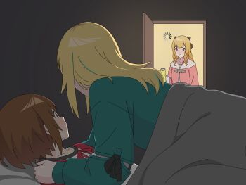 3girls absurdres blonde_hair blue_shirt brown_eyes brown_hair can commentary_request dan_yui hayakawa_mion highres holding holding_can kouzuki_mahiru loading_icon long_hair multiple_girls open_mouth red_eyes saliva saliva_trail shirt short_hair siblings sisters spinner under_covers yamanouchi_kano yoru_no_kurage_wa_oyogenai yuri