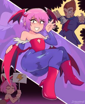 1boy 1girl ass closed_eyes darkstalkers demon_wings dreaming highres lilith_(darkstalkers) looking_at_viewer pantyhose pink_hair short_hair sitting smile wings