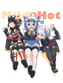 3girls arm_tattoo bag bare_shoulders belorta_(nikke) belt bike_shorts binoculars black_boots black_gloves black_leotard black_skirt black_sleeves black_thighhighs blue_butterfly blue_eyes blush boots brown_hair bug butterfly carronades_(nikke) croquette detached_sleeves double_bun english_text fingerless_gloves food fune_(fune83ojj) gloves goddess_of_victory:_nikke goggles goggles_on_headwear grey_hair grey_jacket hair_between_eyes hair_bun hair_ornament hands_up happy helmet highleg highleg_leotard highres holding holding_food hood incoming_food insect jacket leotard leotard_under_clothes long_sleeves looking_at_another looking_at_viewer mica_(nikke) multiple_girls n102_(nikke) open_mouth reaching reaching_towards_another red_boots red_shirt shirt shoes shoulder_bag sitting skirt socks suspender_skirt suspenders tattoo thighhighs visor_cap white_background white_socks yellow_eyes