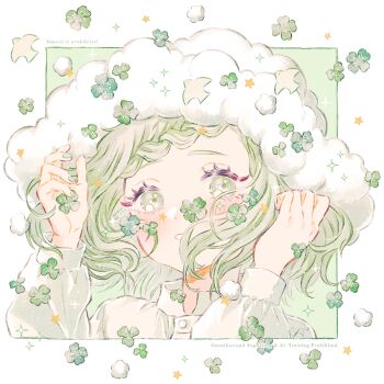 1girl artist_name blush border braid braided_bangs cloud_hat clover collared_shirt commentary eyelashes four-leaf_clover green_eyes green_hair hands_up long_sleeves looking_at_viewer medium_hair original outside_border parted_lips popped_collar portrait puffy_long_sleeves puffy_sleeves ryokuno_green shirt smile solo sparkle star_(symbol) watermark white_border white_shirt