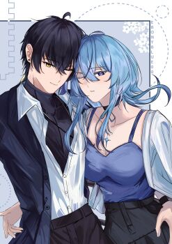 1boy 1girl absurdres alternate_costume black_hair black_jacket black_pants black_shirt blue_hair blue_shirt breasts cleavage closed_mouth collarbone colored_eyelashes commentary ebonyblue00 highres jacket large_breasts looking_at_viewer male_rover_(wuthering_waves) one_eye_closed pants parted_lips partially_open_jacket purple_eyes rover_(wuthering_waves) shirt shirt_tucked_in shorekeeper_(wuthering_waves) smile symbol-only_commentary watch white_jacket white_shirt wristwatch wuthering_waves yellow_eyes