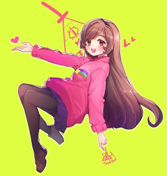 1girl :d artist_name bill_cipher black_pantyhose brown_eyes brown_hair brown_shoes gravity_falls heart highres loafers long_hair long_sleeves mabel_pines open_mouth pantyhose pink_sweater purple_skirt shoes simple_background skirt smile solo sweater woorin yellow_background