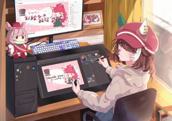 1girl absurdres animal_ears at_computer black_pantyhose blue_shorts blush book brown_hair casual chair closed_mouth commentary_request computer computer_keyboard computer_mouse computer_tower desk drawing_(action) drawing_tablet dress ear_covers ears_through_headwear hair_between_eyes hair_ornament hand_puppet hat heart heart_hands heart_hands_duo highres holding holding_stylus hood hood_down hoodie horse_ears horse_girl horse_tail livestream long_hair loves_only_you_(casual)_(umamusume) loves_only_you_(umamusume) marche_lorraine_(umamusume) mismatched_ear_covers monitor office_chair on_chair one_eye_closed pantyhose photo_(object) picture_frame puppet purple_eyes red_hair short_hair shorts sitting smile stylus swivel_chair tablet_pc tail umamusume white_hoodie yellow_eyes yukikawa_juri