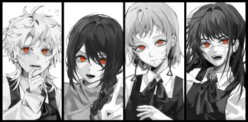 4girls absurdres braid chainsaw_man closed_mouth collared_shirt commentary crying crying_with_eyes_open dress earrings english_commentary facial_scar fami_(chainsaw_man) famine_devil_(chainsaw_man) fourth_east_high_school_uniform greyscale highres jewelry long_hair medium_hair messy_hair mole mole_under_eye mole_under_mouth monochrome multiple_girls multiple_moles nayuta_(chainsaw_man) open_mouth orange_eyes pinafore_dress ringed_eyes scar scar_on_cheek scar_on_face scar_on_nose school_uniform shirt sleeveless sleeveless_dress spot_color sweater tears teeth tokkieee_qian turtleneck turtleneck_sweater yoru_(chainsaw_man)