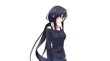 Rule 34 | 1girl, ahoge, belt, black tank top, blue pants, breasts, brown belt, casual, chaos;child, collarbone, denim, from side, game cg, highres, jeans, jewelry, kunosato mio, long hair, long sidelocks, looking at viewer, matsuo yukihiro, medium breasts, non-web source, off-shoulder shirt, off shoulder, official art, pants, pendant, pendant collar, ponytail, purple eyes, purple hair, purple shirt, science adventure, shirt, sidelocks, solo, sprite, striped clothes, striped shirt, surprised, tank top, transparent background, very long hair, wide-eyed