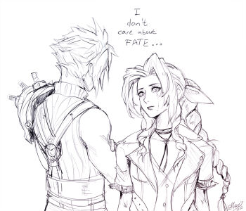 1boy 1girl aerith_gainsborough armor belt braid braided_ponytail choker cloud_strife dress english_text final_fantasy final_fantasy_vii final_fantasy_vii_rebirth final_fantasy_vii_remake flower_choker greyscale hair_ribbon herzloserengel jacket looking_at_another monochrome parted_bangs pauldrons ribbon short_hair shoulder_armor sidelocks single_bare_shoulder single_braid single_pauldron sketch sleeveless sleeveless_turtleneck spiked_hair suspenders tears turtleneck twitter_username white_background