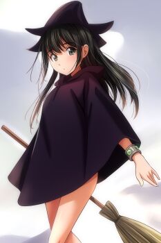 1girl absurdres black_cloak black_hair blush bracelet broom brown_eyes cloak closed_mouth cloud commentary_request dot_mouth grey_sky hat highres jewelry long_hair looking_at_viewer matsunaga_kouyou original sidelocks sky solo standing witch witch_hat