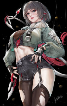 1girl absurdres black_gloves black_pantyhose black_thighhighs blunt_bangs cowboy_shot fingerless_gloves fingernails fur-trimmed_jacket fur_trim gloves green_eyes green_hair green_jacket highres holding holding_knife jacket jane_doe_(zenless_zone_zero) knife long_hair looking_at_viewer mouse_girl multicolored_hair nail_polish pantyhose parted_bangs red_hair red_nails sherylnome sidelocks single_thighhigh solo tail thighhighs torn_clothes torn_pantyhose torn_thighhighs two-tone_hair zenless_zone_zero