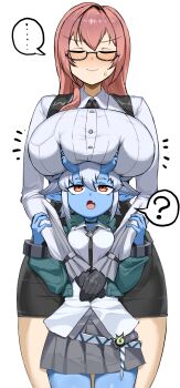 ... ? absurdres black_gloves black_skirt blue_skin blush breasts brown_eyes closed_eyes colored_skin cowboy_shot dress_shirt glasses gloves goma. high-waist_skirt highres horns large_breasts long_hair looking_up oni open_mouth pencil_skirt pink_hair shirt short_hair simple_background skirt small_breasts smile soukaku_(zenless_zone_zero) speech_bubble sweatdrop tsukishiro_yanagi white_background white_hair white_shirt zenless_zone_zero