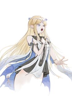 1girl absurdres bare_shoulders black_dress blonde_hair blue_eyes breasts cartethyia_(wuthering_waves) commentary crown_of_thorns deardd dress earrings highres jewelry long_hair multiple_earrings open_mouth parted_bangs pointy_ears sidelocks simple_background small_breasts solo tabard tacet_mark_(wuthering_waves) white_background white_tabard wuthering_waves