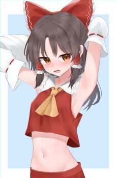 1girl armpit_focus armpits arms_up ascot blush bow breasts brown_eyes brown_hair commentary_request dakuazu detached_sleeves frilled_bow frilled_hair_tubes frills groin hair_bow hair_tubes hakurei_reimu highres large_variant_set long_hair looking_at_viewer midriff navel presenting_armpit red_bow red_skirt ribbon-trimmed_sleeves ribbon_trim skirt skirt_set small_breasts solo sweatdrop touhou variant_set yellow_ascot