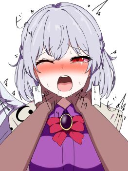 1boy 1girl blush bow braid breasts brooch collared_shirt dialogue_box ears feathered_wings hair_between_eyes half_up_braid highres jacket japanese_text jewelry kishin_sagume large_breasts looking_at_viewer nose one_eye_closed open_mouth pov pov_hands purple_shirt red_bow red_eyes ryona saliva shirt short_hair single_wing strangling sweat brown_jacket tateno_a tears teeth touhou upper_body upper_teeth_only white_background white_wings wings