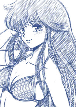 1girl absurdres ayukawa_madoka bikini collarbone commentary_request crosshatching hand_in_own_hair hatching_(texture) highres kimagure_orange_road long_hair monochrome profile sakaki_youma sketch solo swimsuit upper_body