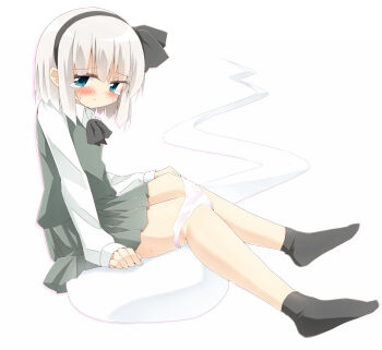1girl black_bow black_bowtie black_hairband black_socks blue_eyes blush bow bowtie closed_mouth collared_shirt commentary_request green_skirt green_vest grey_hair hairband hitodama konpaku_youmu konpaku_youmu_(ghost) long_sleeves looking_at_viewer panties panty_pull pink_panties pleated_skirt shirt shishiky sitting skirt skirt_set socks solo tearing_up touhou underwear vest white_shirt