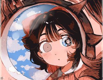 1girl black_hair blue_sky bow center-flap_bangs checkered_clothes checkered_shirt close-up closed_mouth cloud cloudy_sky eye_focus eyelashes grey_eyes hair_bow heterochromia highres light_blush original recursion red_bow shirt sky solo surreal wasabi_natsume