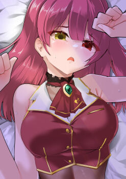 1girl absurdres ascot black_choker breasts choker commentary_request cropped_jacket frilled_choker frills harry_(namayake) heterochromia highres hololive houshou_marine houshou_marine_(1st_costume) jacket large_breasts leotard leotard_under_clothes long_hair looking_at_viewer lying on_back open_mouth red_ascot red_eyes red_jacket sleeveless sleeveless_jacket solo virtual_youtuber yellow_eyes