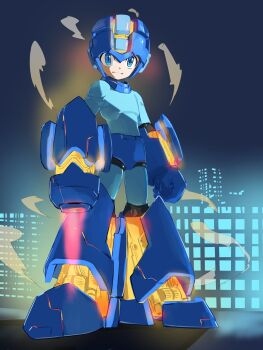 1boy 2025 absurdres arm_cannon armor black_trim blue_armor blue_bodysuit blue_eyes blue_gloves bodysuit capcom city_lights cityscape clenched_hand closed_mouth commentary exhaust full_body gloves glowing helmet highres humanoid_robot joints male_focus mechabare mega_man:_dual_override mega_man_(character) mega_man_(classic) mega_man_(series) night omochi_(mochi_skymega) robot robot_joints serious smoke solo standing weapon