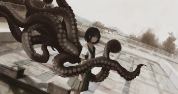 1girl absurdres black_hair building empty_pool expressionless grey_sky highres kogumo_kei neckerchief original outdoors pleated_skirt pool sailor_collar shirt short_sleeves skirt sky solo standing suction_cups tentacles