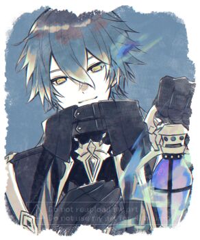 Rule 34 | 1boy, black capelet, black gloves, blue hair, capelet, closed mouth, collared capelet, commentary, crossed bangs, double-parted bangs, flins (genshin impact), genshin impact, gloves, gradient hair, hand on own chest, highres, looking at viewer, male focus, multicolored hair, omame08 0w0, smile, solo, symbol-only commentary, watermark, yellow eyes