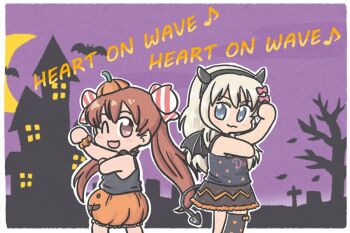 2girls :3 back-to-back black_camisole black_skirt blonde_hair blue_eyes brown_eyes brown_hair camisole clothes_writing cowboy_shot crescent_moon dancing dark-skinned_female dark_skin demon_horns demon_tail demon_wings fake_horns fake_wings ferret-san grecale_(halloween)_(kancolle) grecale_(kancolle) halloween_costume hat haunted_house horns jack-o&#039;-lantern_print kantai_collection libeccio_(halloween)_(kancolle) libeccio_(kancolle) long_hair looking_at_viewer moon multiple_girls one_eye_closed orange_hat orange_scrunchie pumpkin_hat pumpkin_shorts pumpkin_skirt purple_sky scrunchie single_thighhigh skirt sky standing tail thighhighs twintails wings