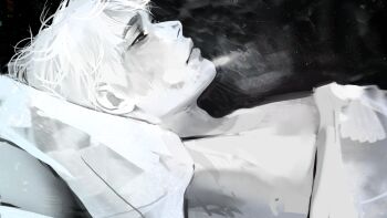 1boy aegyo_sal angela_he black_background game_cg greyscale half-closed_eyes head_on_pillow highres i_woke_up_next_to_you_again large_variant_set looking_at_viewer looking_to_the_side lying male_focus monochrome non-web_source official_art on_back on_side painterly pillow short_hair simple_background toned toned_male under_covers upper_body variant_set white_hair