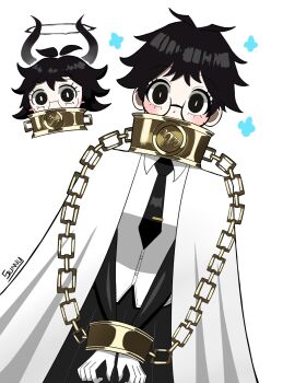 1girl black_eyes black_hair black_halo blush bound bound_wrists chain chibi cloak collar collared_shirt commentary demon_horns english_commentary glasses halo highres horns limbus_company looking_at_viewer messy_hair necktie project_moon shirt simple_background solo sora_(project_moon) sunny_(pixiv_49700216) white_background