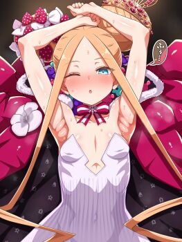 1girl abigail_williams_(fate) abigail_williams_(santa)_(fate) absurdres armpits arms_up azatychan bare_shoulders blonde_hair blue_eyes blush breasts dress fate/grand_order fate_(series) highres long_hair small_breasts white_dress
