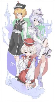 3girls black_shoes black_skirt black_vest blonde_hair blue_eyes blue_nails blue_shoes brown_eyes closed_mouth commentary_request expressionless green_nails hat highres instrument long_sleeves looking_at_viewer lunasa_prismriver lyrica_prismriver medium_hair merlin_prismriver multiple_girls nail_polish o_(crazyoton46) one_eye_closed parted_lips piano red_skirt red_vest shirt shoes skirt smile socks touhou trumpet v vest violin wavy_hair white_hair white_shirt white_skirt white_socks white_vest yellow_eyes