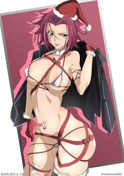 1girl artist_name bare_shoulders black_jacket blue_eyes breasts code_geass collarbone female_focus gloves hat jacket japanese_text kouzuki_kallen large_breasts light_blush looking_at_viewer medium_hair navel parted_bangs railtracer8888 red_gloves red_hair santa_hat simple_background skindentation solo solo_focus standing stomach tongue tongue_out white_background