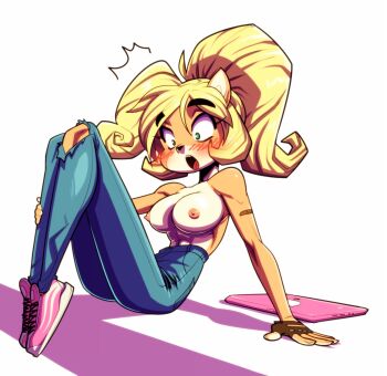 1girl abs blonde_hair blush breasts coco_bandicoot computer crash_bandicoot_(series) denim fingerless_gloves furry gloves groove1121 highres jeans laptop long_hair nipples open_mouth original pants partially shoes surprised thick_thighs thighs topless_female