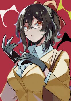 Rule 34 | 1girl, :<, absurdres, adjusting clothes, adjusting gloves, bag, black gloves, black hair, bow, breasts, brown hair, closed mouth, collared shirt, commentary request, durarara!!, glasses, gloves, hair between eyes, hair bow, halo, highres, jacket, kujiragi kasane, long sleeves, looking at viewer, medium hair, pa yashi, red background, red bow, red eyes, shirt, shoulder bag, simple background, solo, upper body, white shirt, yellow jacket