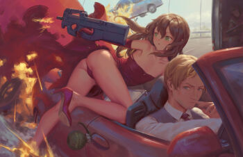 1boy 1girl bad_link bigrbear brown_hair car dress driving gun highres holding holding_gun holding_weapon legs long_hair motor_vehicle original red_dress red_shoes shoes thighs weapon