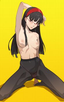 1girl absurdres amagi_yukiko arm_above_head black_hair black_pantyhose blunt_bangs blunt_ends breasts brown_eyes commentary cowpersurfer hairband high-waist_pantyhose highres kneeling long_hair looking_at_viewer medium_breasts navel nipples open_mouth panties panties_under_pantyhose pantyhose persona persona_4 red-framed_eyewear red_hairband semi-rimless_eyewear solo sweat topless_female underwear yellow_background
