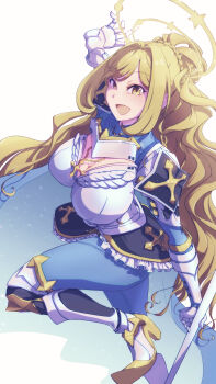 Rule 34 | 1girl, absurdres, armor, armored boots, blonde hair, blue cape, blue pants, blush, boobplate, boots, braid, breastplate, breasts, cape, cleavage, cleavage cutout, clothing cutout, commentary request, cross, cross necklace, crown braid, foot out of frame, gauntlets, halo, highres, imperial guard (ragnarok online), jewelry, large breasts, long hair, looking at viewer, necklace, open mouth, pants, pauldrons, ragnarok online, saishichi, shoulder armor, simple background, smile, solo, very long hair, white background, yellow eyes, yellow halo