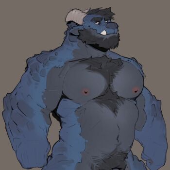 1boy animal_ears bara beard blue_fur chest_tuft clenched_hand completely_nude cowboy_shot curled_horns dragon_boy dragon_ears dragon_horns facial_hair full_beard furry furry_male highres horns huge_eyebrows krog_(krognok) large_pectorals looking_ahead male_focus male_pubic_hair muscular muscular_male navel nipples nude original out-of-frame_censoring pectorals pubic_hair scales second-party_source short_hair smile solo standing stomach strongman_waist tek_(no_swift) thick_beard thick_navel_hair tusks two-tone_beard