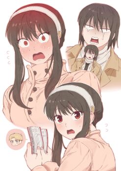 1girl absurdres black_hair blonde_hair blue_eyes blush breasts hair_between_eyes hairband hetero highres husband_and_wife jewelry long_hair moobki shirt short_hair simple_background spy_x_family twilight_(spy_x_family) upper_body white_background white_hairband white_shirt yor_briar yuri_briar