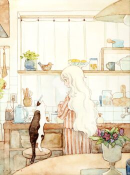 Rule 34 | 1girl, basket, cat, chyoma, commentary, cowboy shot, curtains, english commentary, flower, highres, indoors, jar, kettle, kitchen, long hair, looking at animal, open mouth, original, painting (medium), pajamas, pants, plant, potted plant, shirt, sink, soap dispenser, solo, stool, striped clothes, striped pants, striped shirt, table, traditional media, watercolor (medium), wavy hair, white hair, window