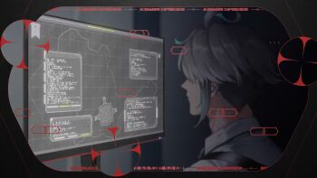 1boy absurdres ahoge alhaitham_(genshin_impact) alternate_costume aqua_hair at_computer black_border blurry border closed_mouth collared_shirt commentary computer crosshair depth_of_field earpiece english_commentary expressionless from_side genshin_impact grey_hair hair_over_eyes harness highres hoyofair looking_at_screen male_focus map monitor multicolored_hair onegingek profile shirt short_hair sidelocks solo streaked_hair undercut white_shirt