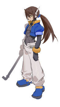 1boy alternate_hairstyle blue_footwear blue_jacket brown_hair cropped_jacket full_body green_eyes highres holding holding_lead_pipe industrial_pipe jacket lead_pipe linea_alba long_hair mayutsuba_mono mega_man_(series) mega_man_zx mega_man_zx_advent open_clothes open_jacket pants ponytail robot_ears simple_background solo vent_(mega_man) white_background white_pants