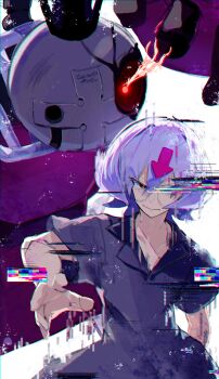 1boy absurdres arere_r arrow_(symbol) bed bedman bedman? crack crown glasses glowing glowing_eye guilty_gear guilty_gear_strive guilty_gear_xrd hair_between_eyes highres looking_at_viewer male_focus mechanical_arms medium_hair robot round_eyewear single_mechanical_arm static