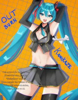 1girl aqua_belt aqua_eyes aqua_hair aqua_necktie armpits arms_up artist_name belt black_gloves black_thighhighs blue_eyes blue_hair blue_necktie blurry breasts buttons cleavage commentary depth_of_field elbow_gloves english_commentary gloves hair_ribbon hatsune_miku highres long_hair midriff miniskirt navel necktie orange_background outburn_kamikaze_(vocaloid) pleated_skirt red_ribbon ribbon shiny_skin signature skellychan skirt solo song_name square square_print striped_clothes teeth thighhighs twintails upper_teeth_only very_long_hair vocaloid zettai_ryouiki