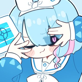1girl :3 absurdres aqua_background aqua_hair arona_(blue_archive) black_sclera blue_archive blue_shirt blush blush_stickers bow braid card close-up closed_mouth colored_sclera commentary hair_between_eyes hair_bow hair_ribbon hairband hand_over_face highres holding holding_card jitome looking_at_viewer mimukauwa_nice_try_(vocaloid) multicolored_hair one_eye_closed outline piki_(itpiki) pink_eyes pink_hair pink_streaks portrait ribbon sailor_collar salute school_uniform serafuku shirt side_braid smile smug solo spread_fingers streaked_hair two-tone_hair v-shaped_eyebrows vulcan_salute white_bow white_hairband white_outline white_ribbon white_sailor_collar